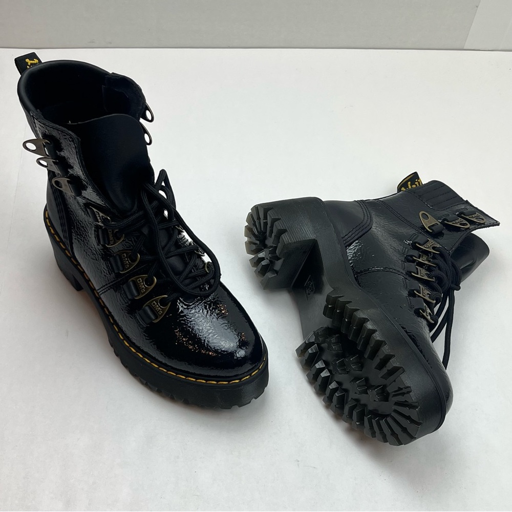 Dr. Martens Black Patent Leather Lug Heel Combat Boots